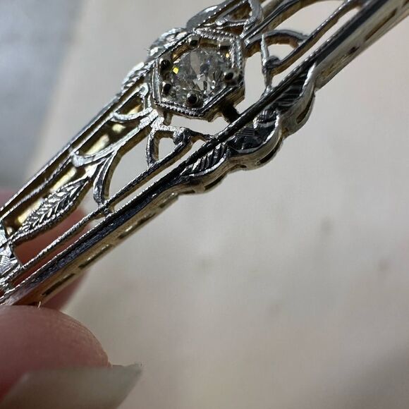 Antique Art Deco 14k Gold With Diamond Bar Brooch - Picture 6 of 9